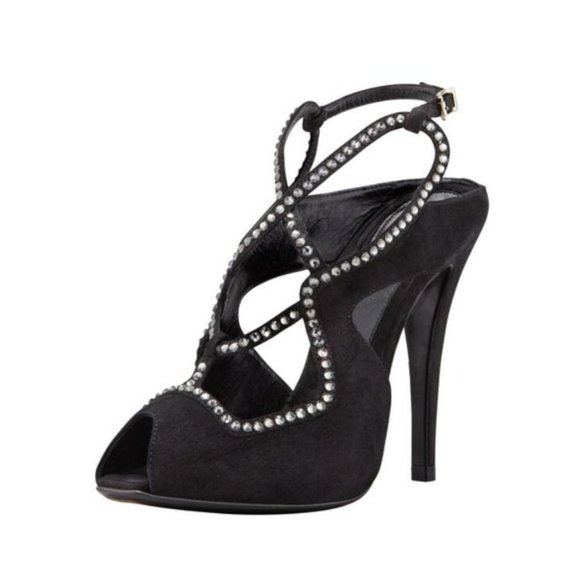 NEW FENDI AURORA BLACK SUEDE & SWAROVSKI CRYSTAL STRAPPY SANDALS SIZE 9 / 39 - Picture 1 of 7